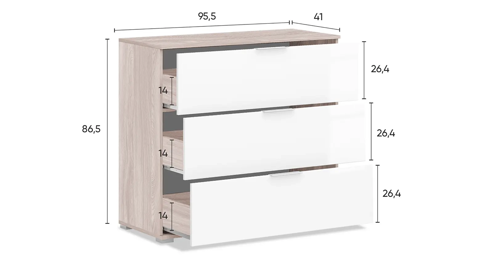Комод Essey, 3 ящика, цвет Ясень шимо+Белый блеск фото - 7 - большое изображение